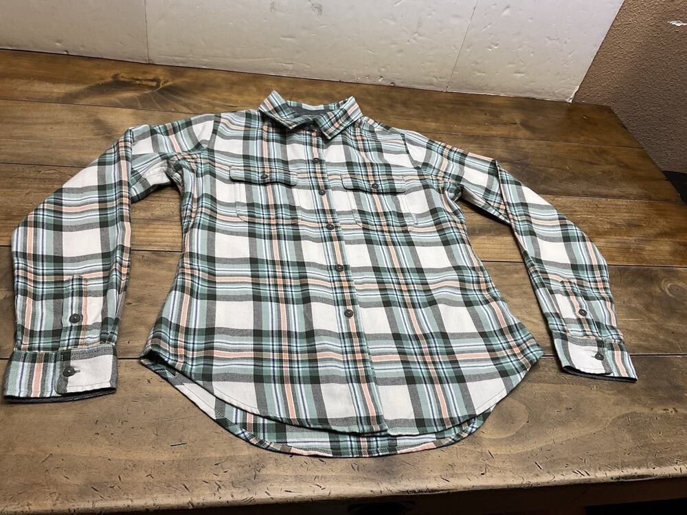 Simms Woman’s Santee Flannel Shirt Sea Foam Camp Plaid Size Small